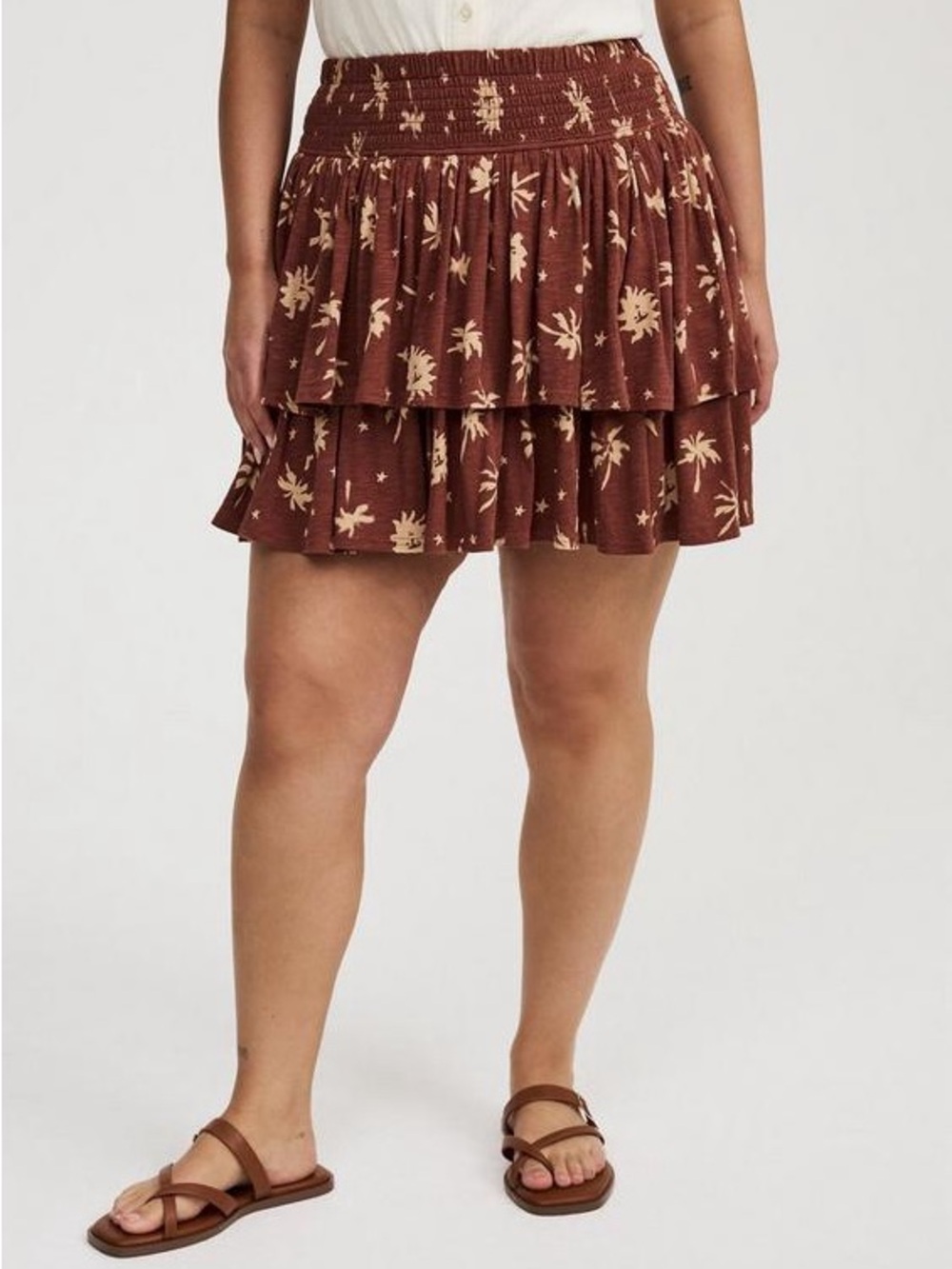 Torrid Smocked Tiered Skort Sun Palms Bracken Brown Size 00 Medium / 10